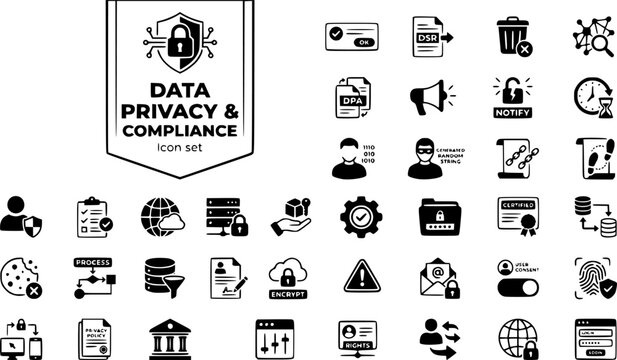 Data Privacy Compliance Icon Set Consent Banner Data Subject Request Right To Erase Data Map DPA Agreement Breach Notify Anonymize Pseudonymize Audit Trail Vector