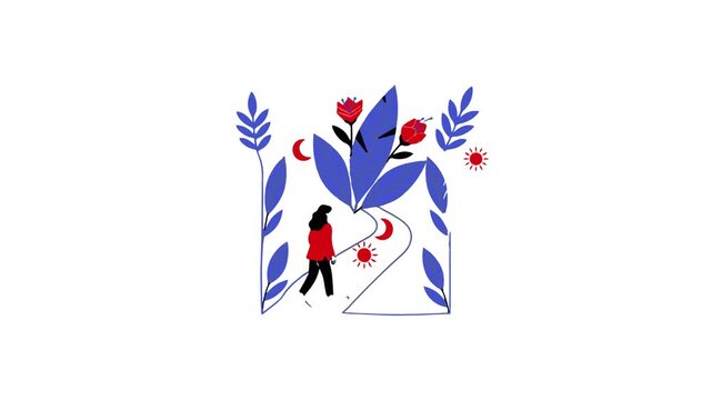 women character flat design walking on forest motion video suitable to your nature, brand, template, display, cartoon, business, and more