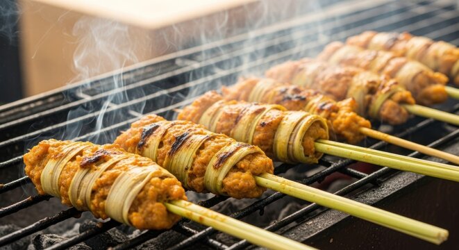 Sate Lilit - Traditional Balinese Minced Seafood Satay Skewers Grilling Over Hot Coals.