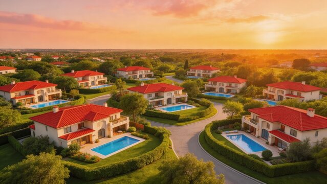 Luxurious residential neighborhood with white houses and red roofs at sunset. Aerial view of a suburban community with pools and manicured lawns.