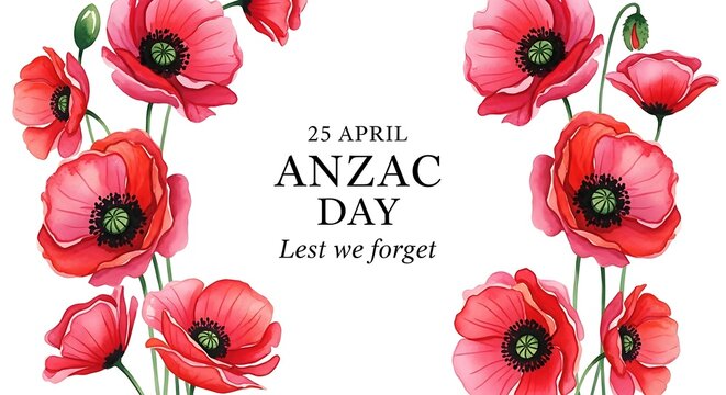 Anzac Day commemorative banner with red poppies, Lest we forget message for 25 April, floral remembrance day background with red poppy flowers