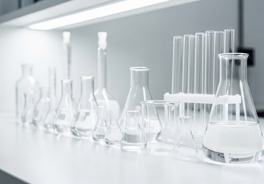 実験室に並ぶガラス容器と試験管