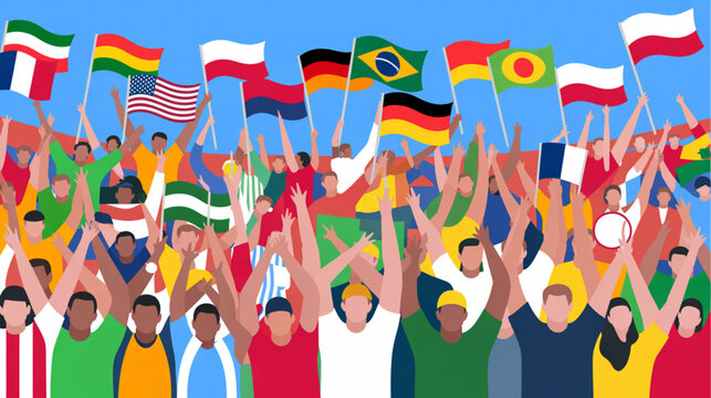 Diverse crowd waving international flags, global unity, multicultural people, world celebration