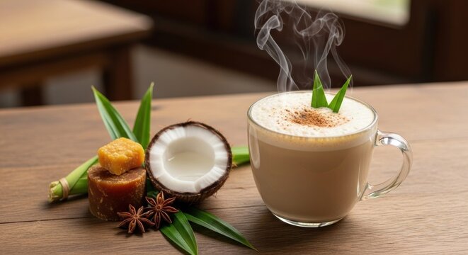 Steaming Coconut Drink with Palm Sugar and Spices on Wooden Table.
