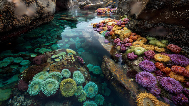 Vibrant sea anemones in crystal clear tide pools along a rocky coastline, Generative AI illustrations.