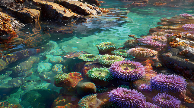 Vibrant sea anemones in crystal clear tide pools along a rocky coastline, Generative AI illustrations.