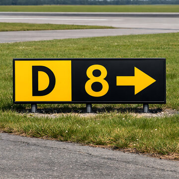 Airport Taxiway Sign D8 with a Right Pointing Arrow on a Sunny Day