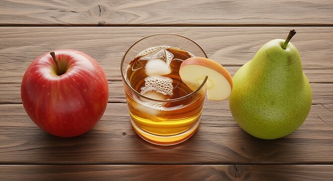Refreshing Apple and Pear Elixir with Ice on Rustic Wooden Table