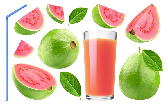 Guava isolated set. A collection of sliced ​​guavas and juice in a glass cup isolated on a transparent background.