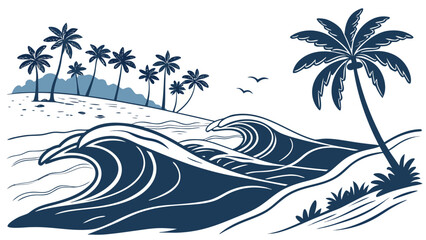 Obraz premium Vintage-Style Tropical Wave Illustration with Palm Trees - Blue and White Surf Art for Travel, Marketing, Branding isolated background