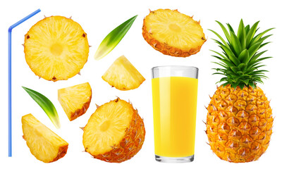 Fototapeta na wymiar Isolated pineapple set. A collection of sliced ​​pineapple and juice in a glass isolated on a transparent background.