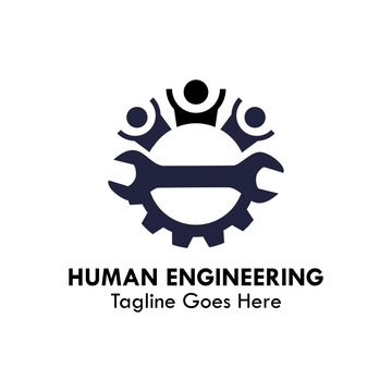 Human engineering logo with people figures, wrench, and gear. Innovative vector symbol for teamwork, social cooperation, and industrial human resource management.
