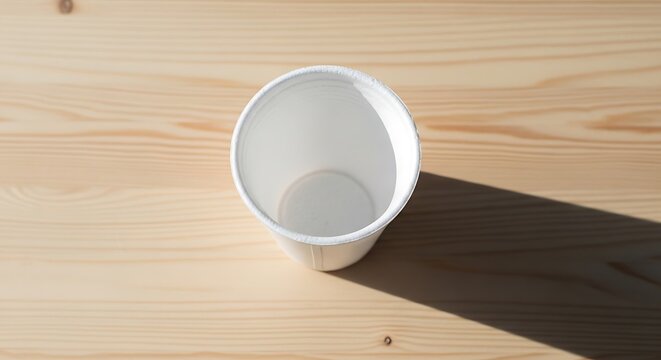 A single empty white paper cup placed on a light natural wooden surface with a sharp shadow cast. polystyrene cup