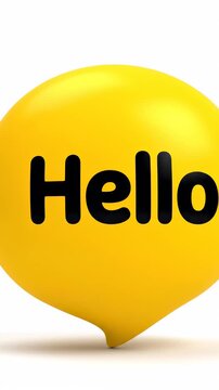 This features a bright yellow speech bubble with the word Hello written in black text, set against a clean white background. The bubble is shiny and reflective, giving it a smooth and rounded