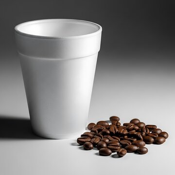 A plain white styrofoam cup sits next to a small pile of dark roasted coffee beans on a surface. polystyrene cup