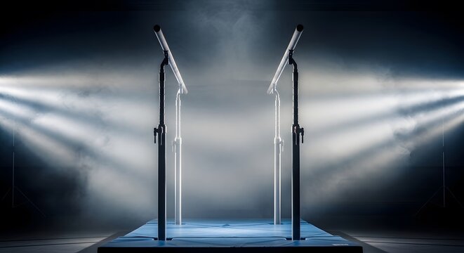 Gymnastics parallel bars on stage under dramatic spotlight.