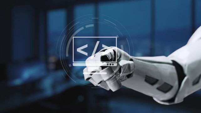 A detailed visual of a robotic hand engaging with digital coding elements in a high-tech workspace, showcasing the blend of robotics and programming in modern technology. Synapse