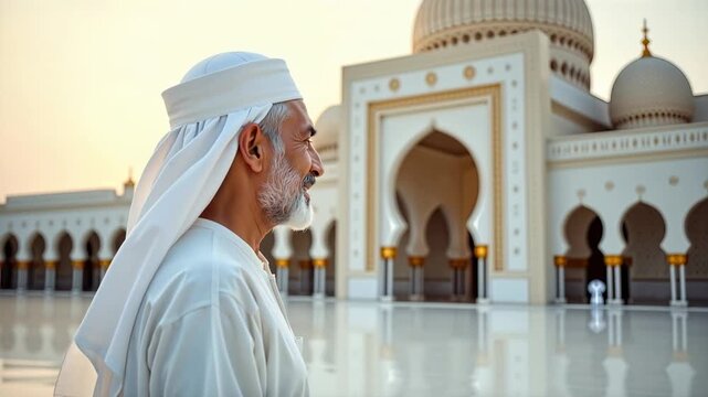 Smiling mature Muslim man in a mosque courtyard. Traditional white attire and kufi during Eid al-Adha. Joyful religious celebration concept