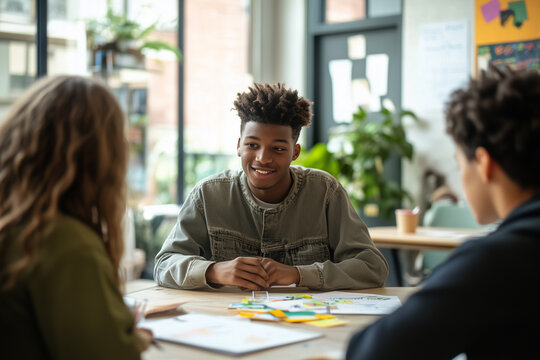 Diverse group of college student brainstorm project and idea in modern university. Having conversation on friendly meeting. 