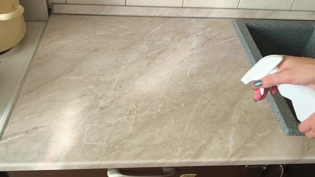 Top view - a woman's hand sprays cleaning agent on the kitchen countertop next to the sink, cleaning, hygiene, cleanliness, surface care.
