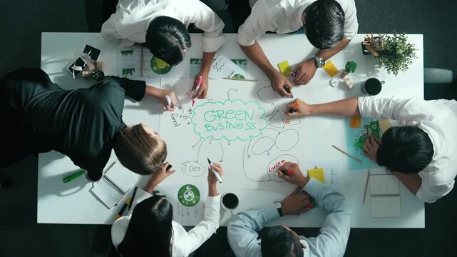 Top view of professional business team working together to brainstorm environmental idea by using mind map. Aerial view of smart manager talking and discussing about sustainable energy. Alimentation.