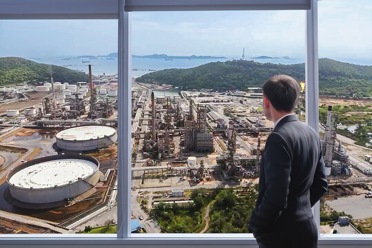 Rear view of a businessman in a suit from a modern office window, looking at an extensive oil refinery and storage tank terminal near the coast. Corporate leadership and industrial strategy concept.