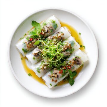 Bnh cun - Vietnam steamed rice rolls with pork and mushroom isolated on a white background