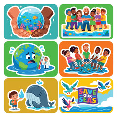 Fototapeta premium Collection Of 6 Exaggerated Cartoon Stickers Flat Vector Art Showing World Oceans Day Huge Hands Embracing A Watery Globe Diverse People Protecting The Sea Together On Background