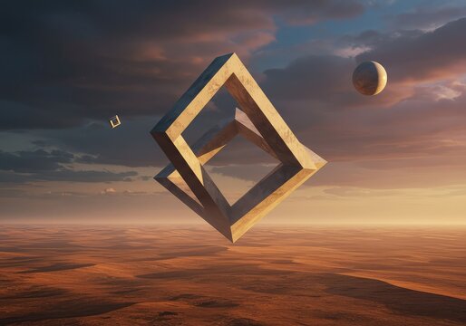 Eerie, impossible geometry floating over a vast, misty desert plain under a dramatic, multicolored sky. Abstract digital art scene, purple, modern, scene