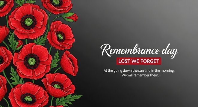 Remembrance day with red poppies and lest we forget text on dark background