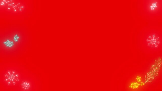 Bright red Christmas background with glowing glittery festive decorations forming a decorative corner frame.