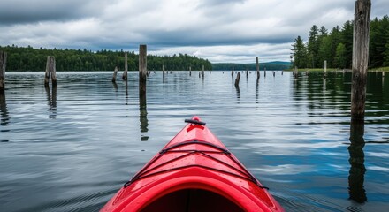 Naklejka premium Red kayak on a serene lake with wooden posts and trees in the background