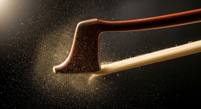 Violin bow hitting string closeup.