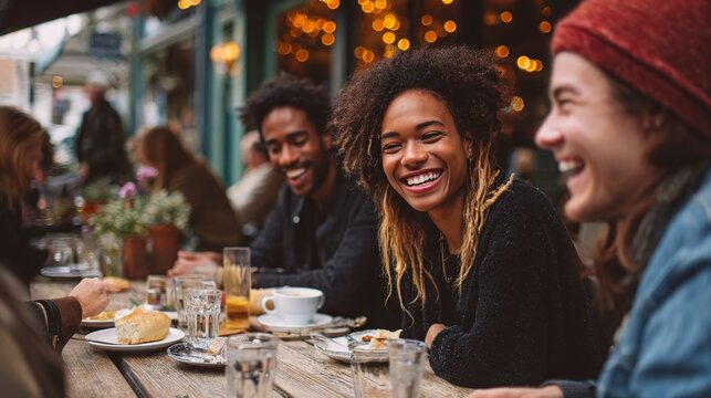 Friends Dining Alfresco: A lively group of diverse friends enjoys a casual meal outdoors, sharing laughter and good times at a rustic table.