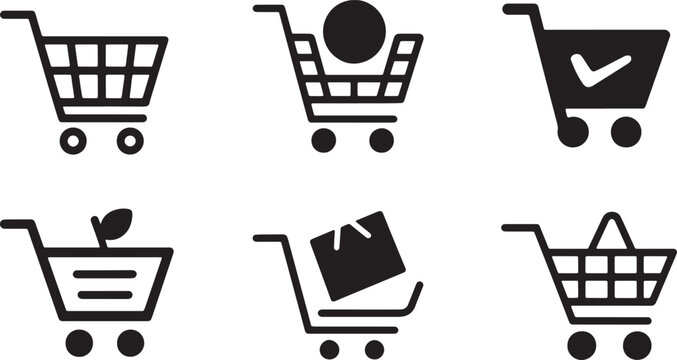 Black shopping cart icons collection for ecommerce retail store online business and consumer purchasing process symbols Vector Illustration.