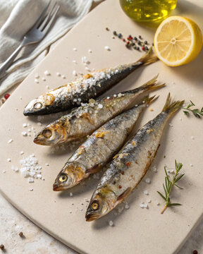 Photorealistic pan fried sardines with crispy skin silvery texture lemon accent clean coastal minimal composition