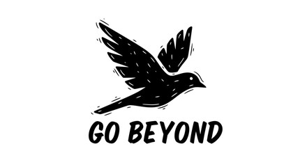 Naklejka premium Black bird silhouette flying with text GO BEYOND on white background
