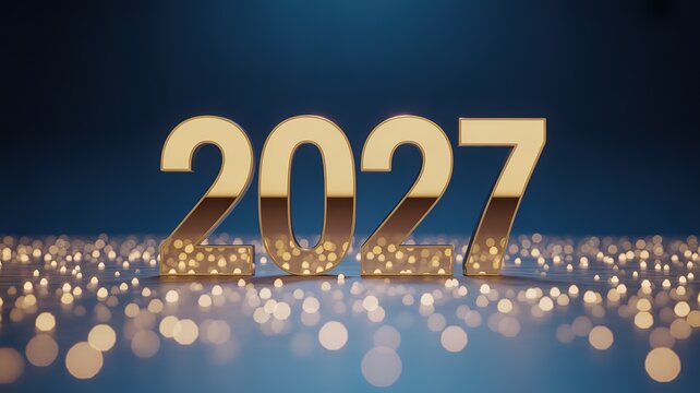 Luxurious Shiny 3D 2027 New Year Typography on Dark Blue Backdrop with Glowing Golden Bokeh for Greeting Cards Invitations and Festive Marketing Materials