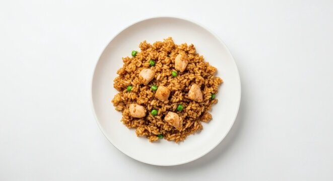 Chicken Fried Rice Overhead Top Shot Wok Hei Caramelized Grains on Plain Round White Ceramic Plate Pure White Background Canon 8K