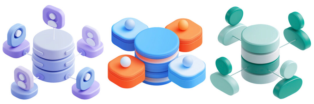 Abstract 3d Icons Depicting CRM System, Data Network, and User Connections