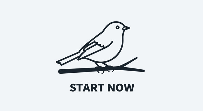 Minimalist bird icon on branch with "START NOW" text