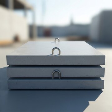 Stack of Metal Plates with Lifting Rings Outdoors.