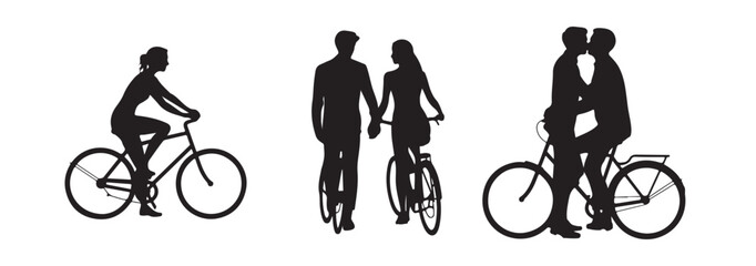 Obraz premium Silhouettes of people riding bicycles and romantic couple walking together for transportation and lifestyle design.