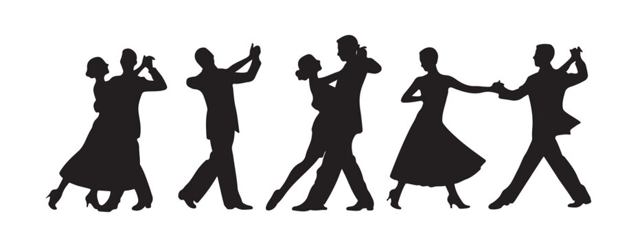 Silhouettes of couples dancing ballroom dancing and romantic embraces showing love and passion in celebration.