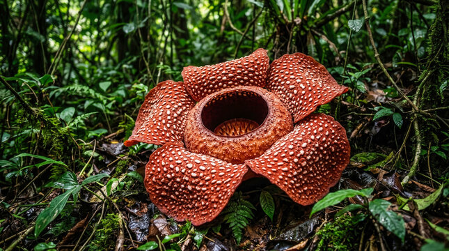 Gigantic blooming Rafflesia Arnoldii red flower in tropical rainforest