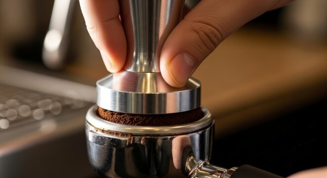 Hand tamping coffee espresso machine.