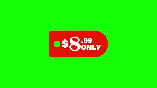 Animated red price tag prominently displays an exclusive $8.99 offer, perfect for promoting sales and limited-time deals.