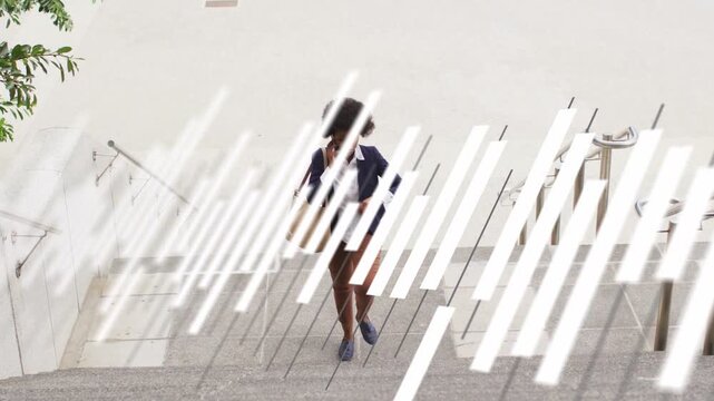Businesswoman climbing stairs taking call hurrying to meeting diagonal white overlay obscuring