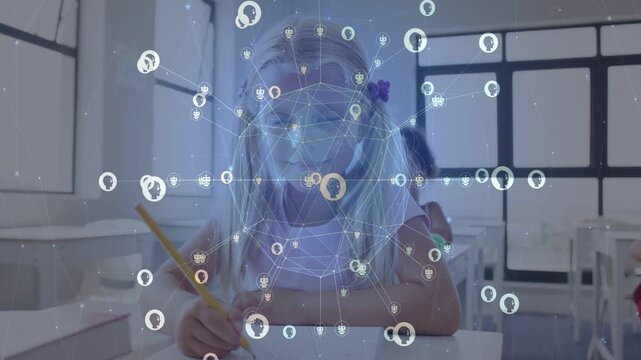 Front student writing paper in class, animated network intensifying over head, showing connections