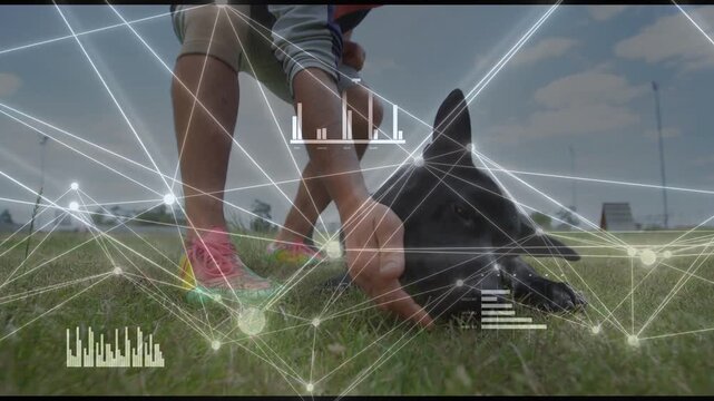 Man crouching, reaching down, stroking dog's head to calm for pet care, data overlay covering scene